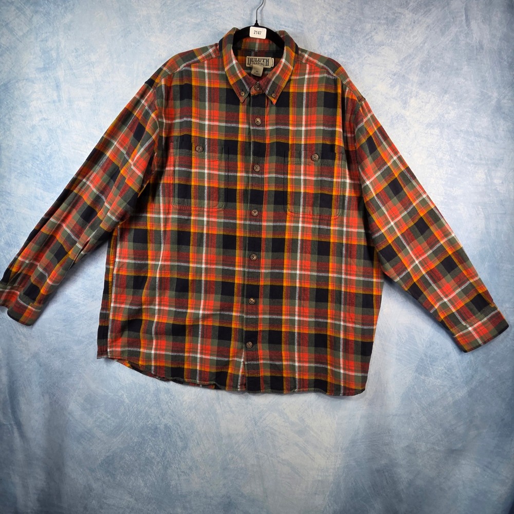 Duluth Trading Co Mens XL Relaxed Fit Plaid Flannel Shirt Orange Green Cotton
